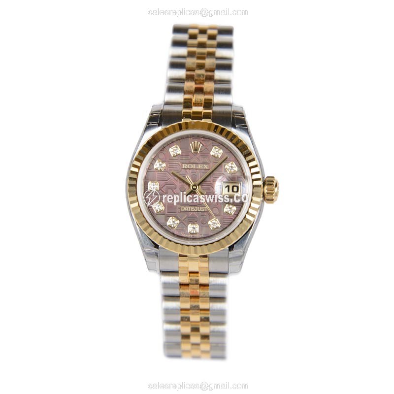 Rolex Lady Datejust Replica - Automatic - 18kt Gold Case - Brown Dial - Silver Clasp & Steel Strap - View 2