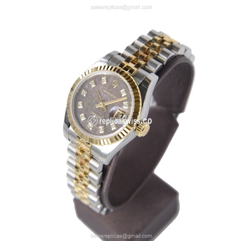 Rolex Lady Datejust Replica - Automatic - 18kt Gold Case - Brown Dial - Silver Clasp & Steel Strap - View 3