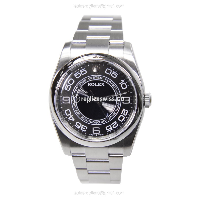 Rolex OYSTER PERPETUAL Replica - Automatic - Steel Case, Black Dial on Silver Strap - View 2
