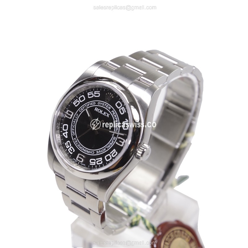 Rolex OYSTER PERPETUAL Replica - Automatic - Steel Case, Black Dial on Silver Strap - View 3