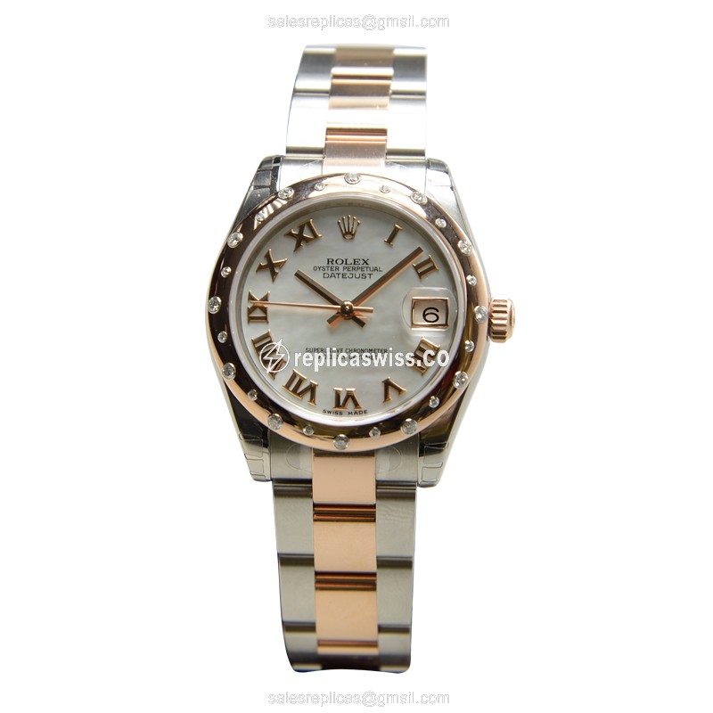 Rolex Lady Datejust Replica - White Dial, 18kt Rose Gold Case, Silver Steel Strap - View 2