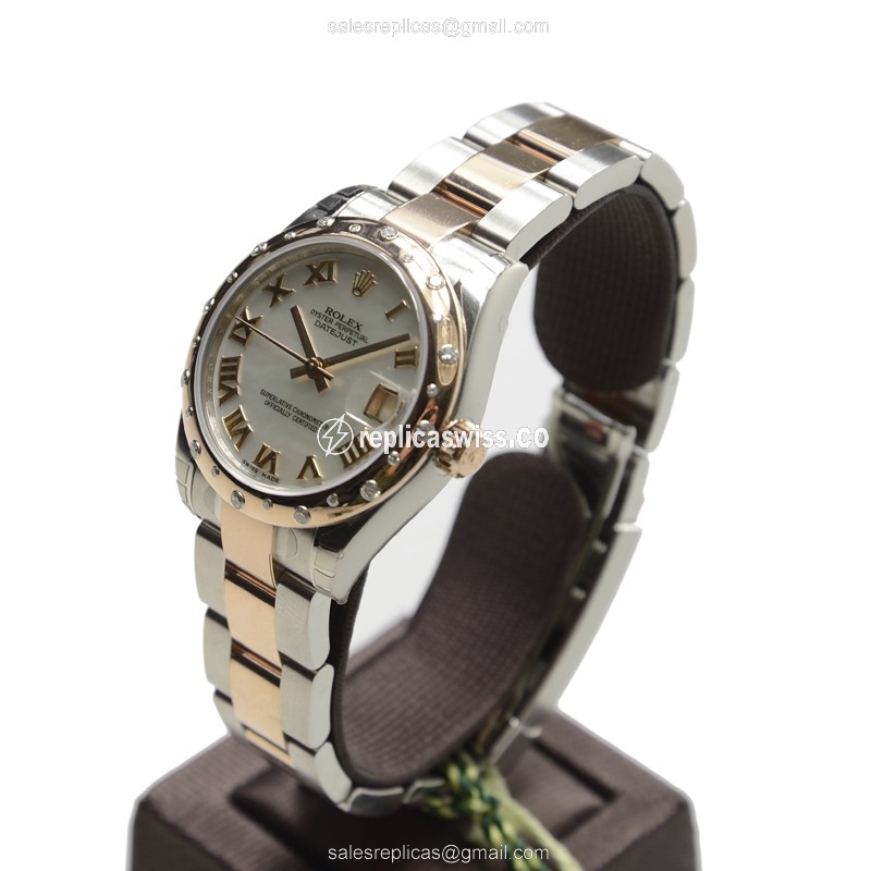 Rolex Lady Datejust Replica - White Dial, 18kt Rose Gold Case, Silver Steel Strap - View 3