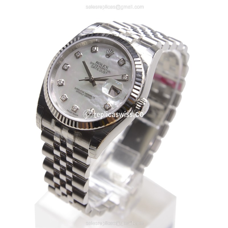 Rolex Datejust Replica - Automatic - 18kt White Gold - Steel Case - White Dial - Silver Steel Strap - View 3