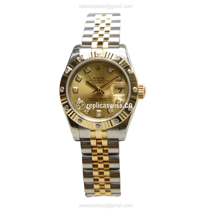 Rolex 179313GCH Lady Datejust Replica - Automatic - Gold Dial - Silver Clasp - Silver Strap - View 2