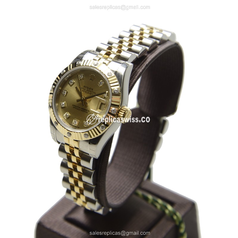 Rolex 179313GCH Lady Datejust Replica - Automatic - Gold Dial - Silver Clasp - Silver Strap - View 3