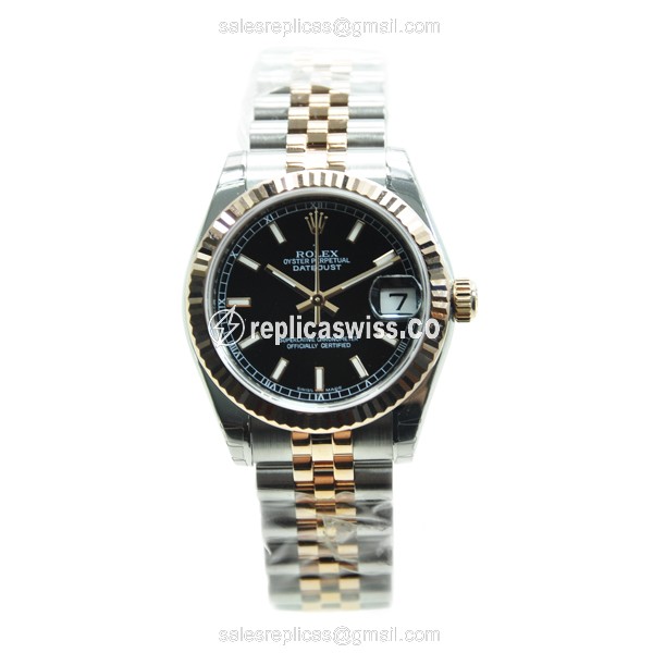 Rolex Lady Datejust Replica - Automatic - 18kt Rose Gold & Steel Case - Black Dial - View 2