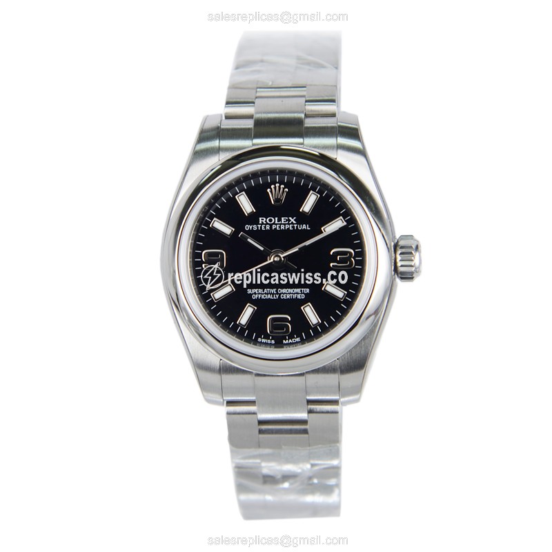 Rolex OYSTER PERPETUAL Replica - Automatic - Steel Case - Black Dial, Silver Clasp & Strap - View 2
