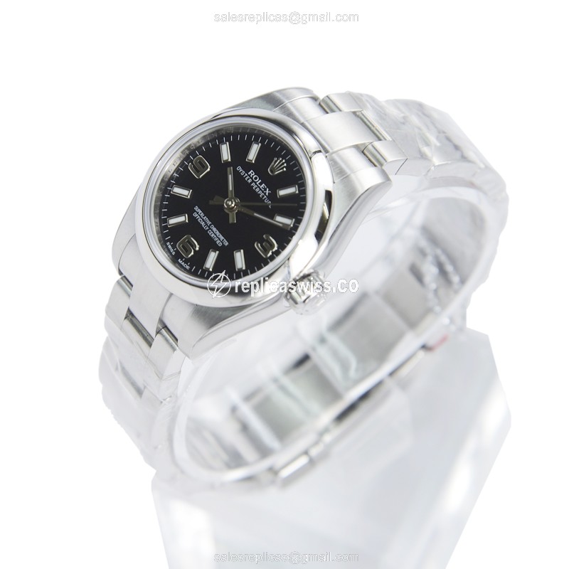 Rolex OYSTER PERPETUAL Replica - Automatic - Steel Case - Black Dial, Silver Clasp & Strap - View 3