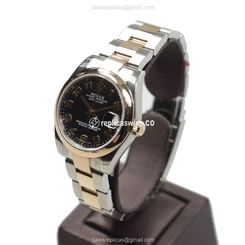 Rolex Datejust Lady Replica - Automatic - Rose Gold Case, Black Dial, Steel Strap - View 3