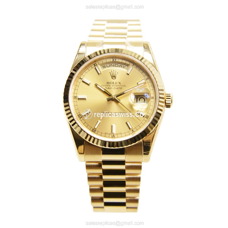 Rolex DAY-DATE Replica | Automatic | Gold Dial | Clasp | Gold Strap - View 2