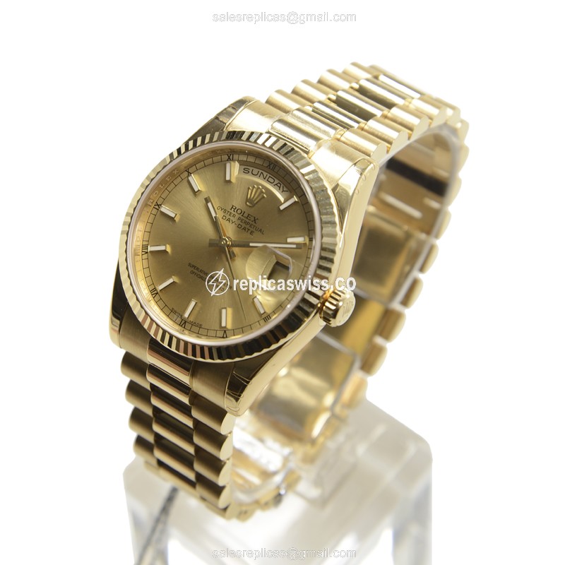 Rolex DAY-DATE Replica | Automatic | Gold Dial | Clasp | Gold Strap - View 3