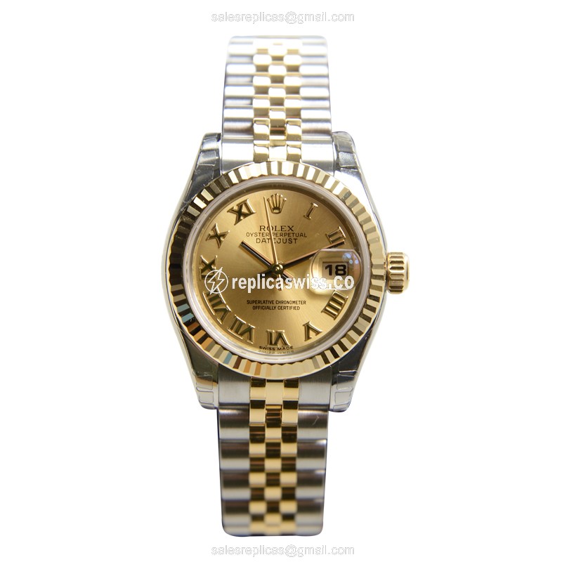 Rolex Lady Datejust Replica - Automatic - 18kt Gold & Steel - Gold Dial - Silver Strap - View 2
