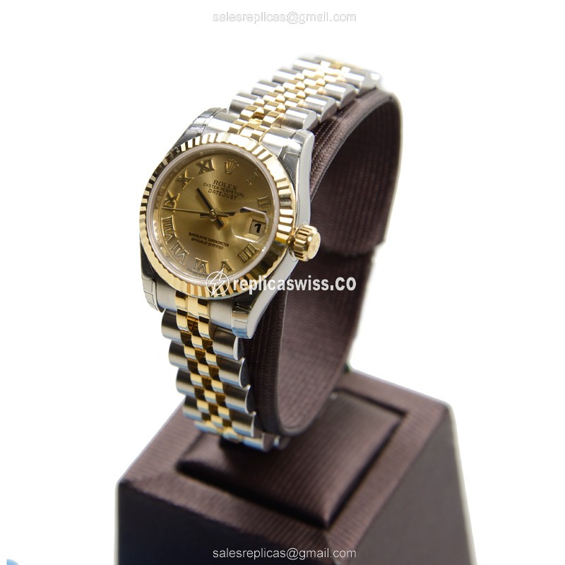 Rolex Lady Datejust Replica - Automatic - 18kt Gold & Steel - Gold Dial - Silver Strap - View 3