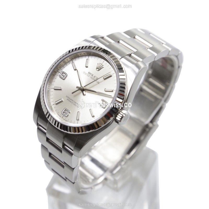 Rolex OYSTER PERPETUAL Replica - Automatic - 18kt White Gold & Steel - Silver Dial - View 3