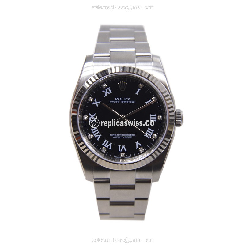 Rolex OYSTER PERPETUAL Replica - Automatic - Black Dial on Silver Steel Strap - View 2