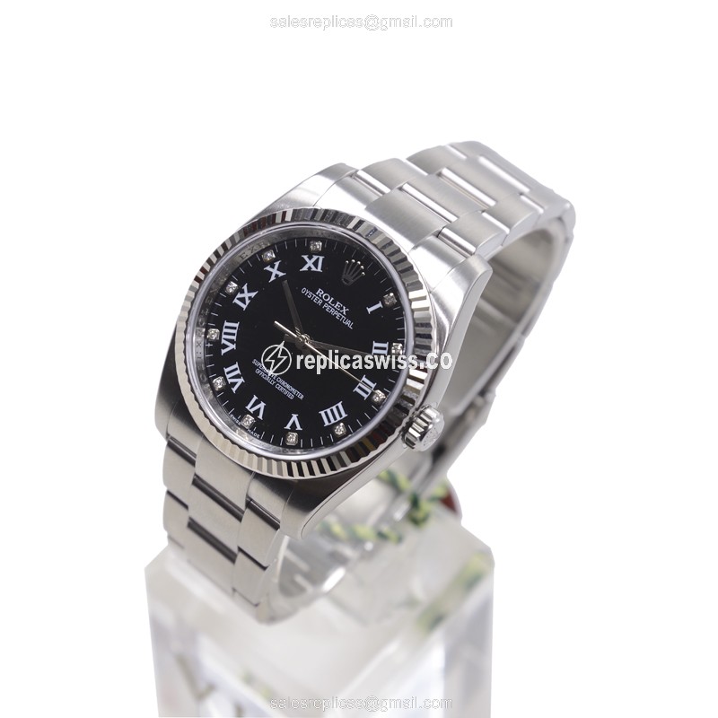 Rolex OYSTER PERPETUAL Replica - Automatic - Black Dial on Silver Steel Strap - View 3