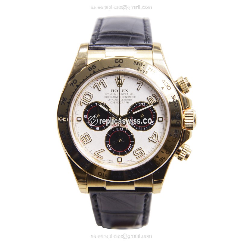 Rolex Daytona Replica - Automatic - 18kt Gold - White Dial, Black Leather Strap - View 2