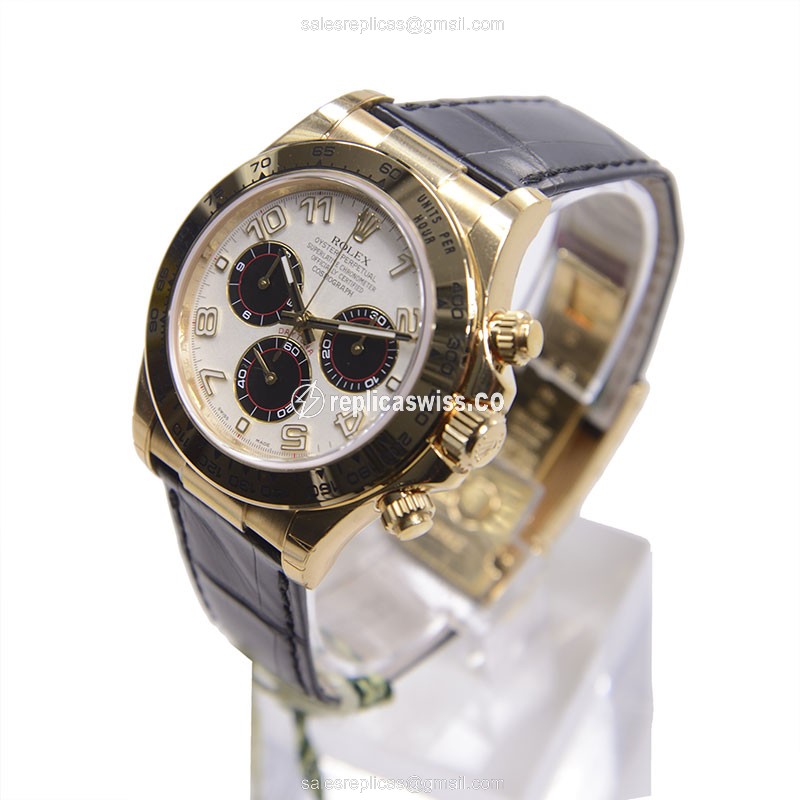 Rolex Daytona Replica - Automatic - 18kt Gold - White Dial, Black Leather Strap - View 3