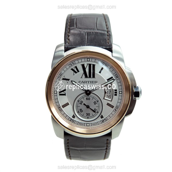 Cartier W7100011 Replica - Automatic - Steel Case - White Dial - Brown Alligator Strap - View 2