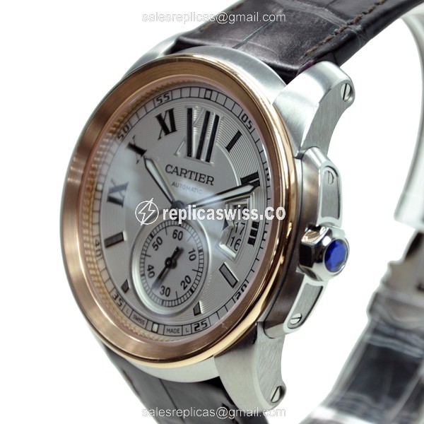 Cartier W7100011 Replica - Automatic - Steel Case - White Dial - Brown Alligator Strap - View 3