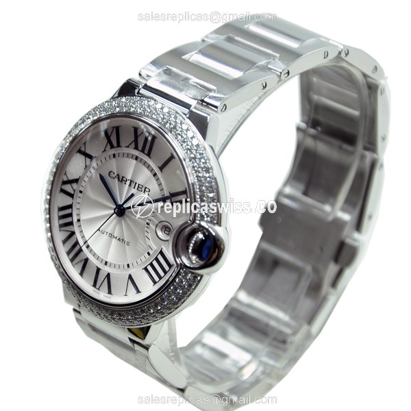 Cartier Ballon Bleu Replica - Automatic - 18kt White Gold - Diamond - Silver Dial - View 2