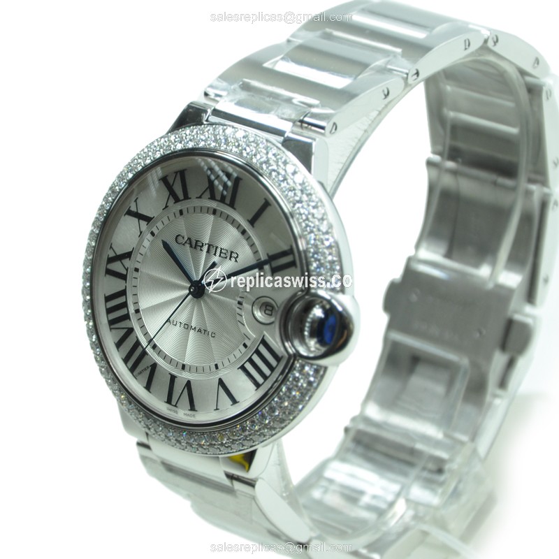 Cartier Ballon Bleu Replica - Automatic - 18kt White Gold - Diamond - Silver Dial - View 4