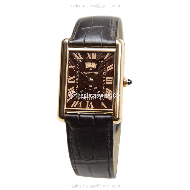 Cartier TANK Replica - Manual - 18kt Rose Gold - Brown Dial - Alligator Black Strap - View 2