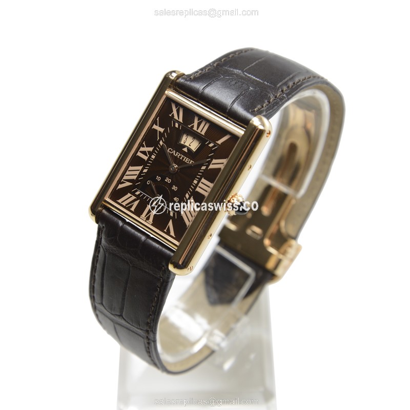 Cartier TANK Replica - Manual - 18kt Rose Gold - Brown Dial - Alligator Black Strap - View 3