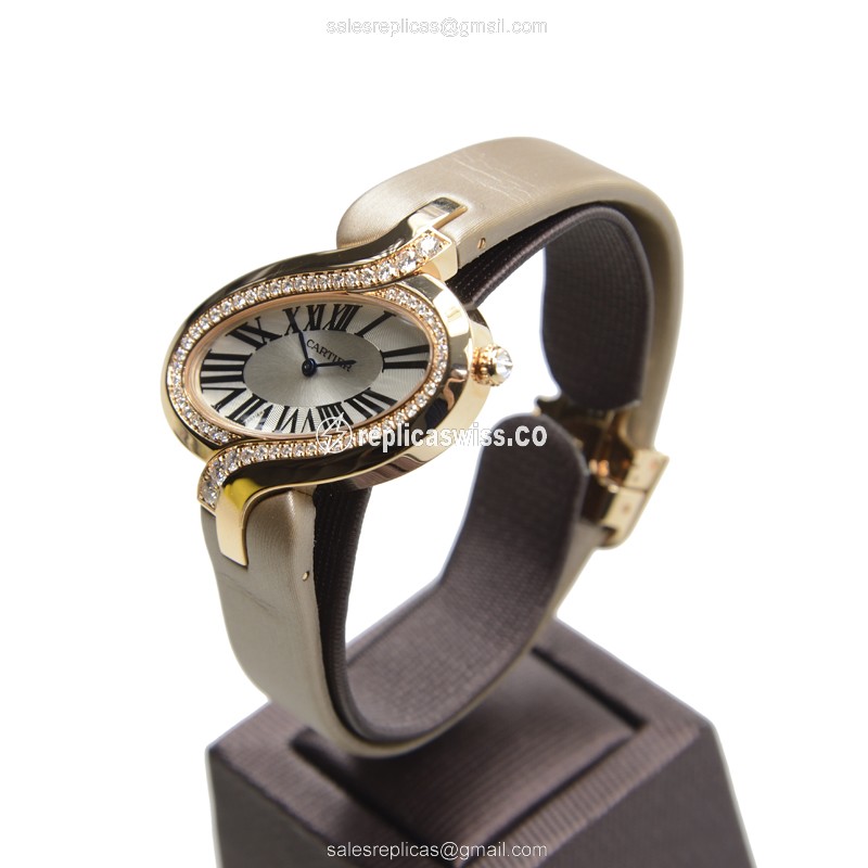 Cartier Captive De Cartier Quartz 18kt Rose Gold & Diamonds - Automatic - White Dial - Satin White Strap - View 3