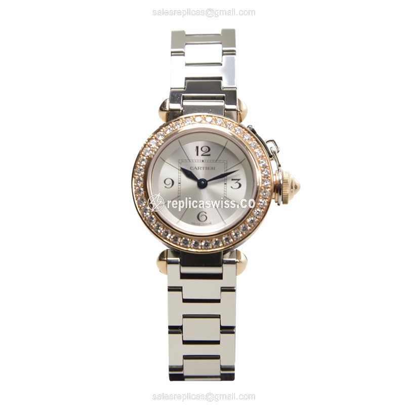 Cartier Pasha Replica - Quartz - 18kt Rose Gold - Diamond - Silver Dial - Steel Strap - View 2