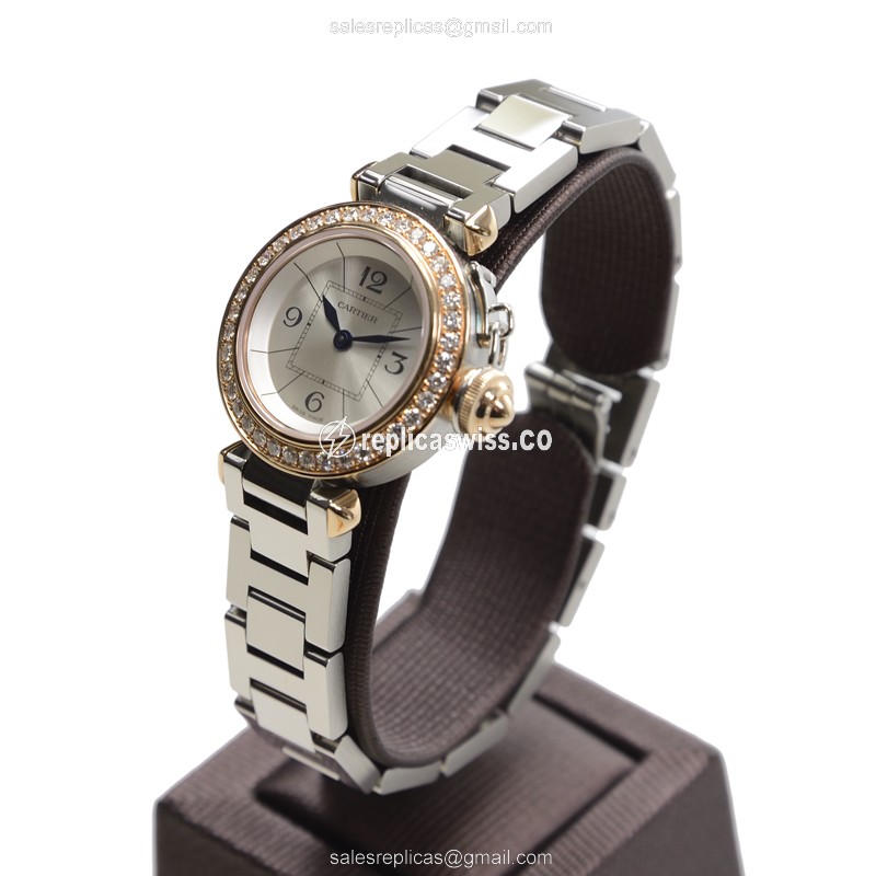 Cartier Pasha Replica - Quartz - 18kt Rose Gold - Diamond - Silver Dial - Steel Strap - View 3