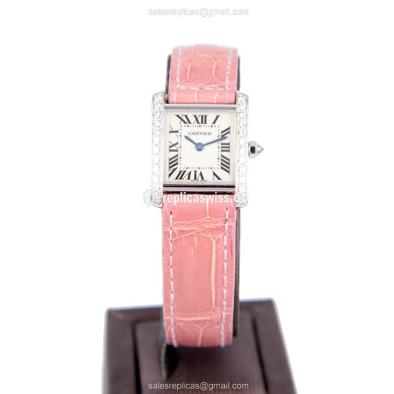 Cartier TANK Replica - Quartz - 18kt White Gold - Diamond - Pink Alligator Strap - View 2