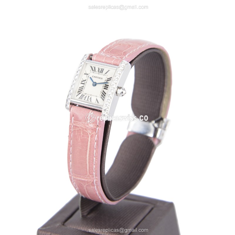 Cartier TANK Replica - Quartz - 18kt White Gold - Diamond - Pink Alligator Strap - View 3