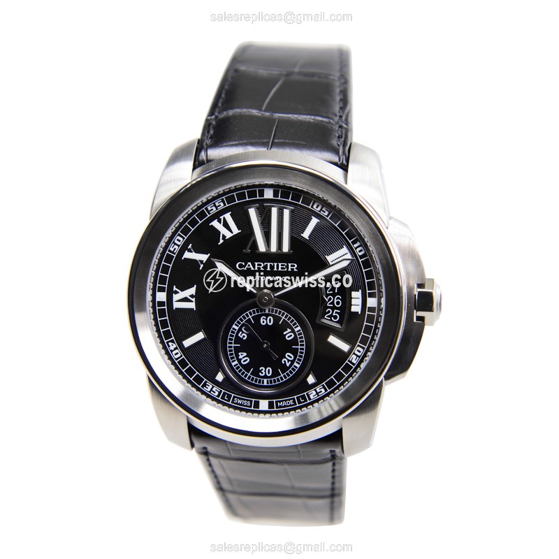 Cartier W7100041 Replica - Calibre De Cartier - Automatic - Black Dial - Steel Case - Black Alligator Strap - View 2