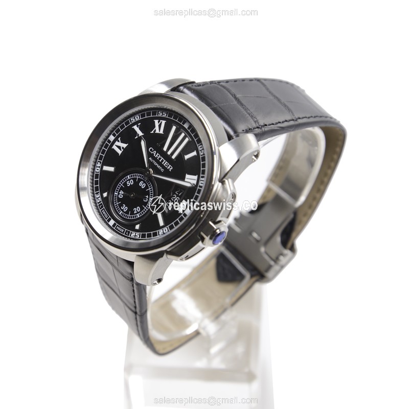 Cartier W7100041 Replica - Calibre De Cartier - Automatic - Black Dial - Steel Case - Black Alligator Strap - View 3