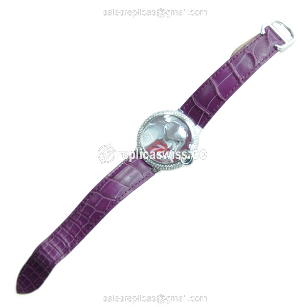 Cartier Ballon Bleu Replica - Automatic - 18kt White Gold - Diamond - Silver Dial - Alligator Purple Strap - View 2