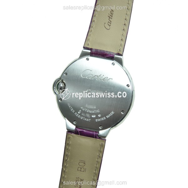 Cartier Ballon Bleu Replica - Automatic - 18kt White Gold - Diamond - Silver Dial - Alligator Purple Strap - View 3