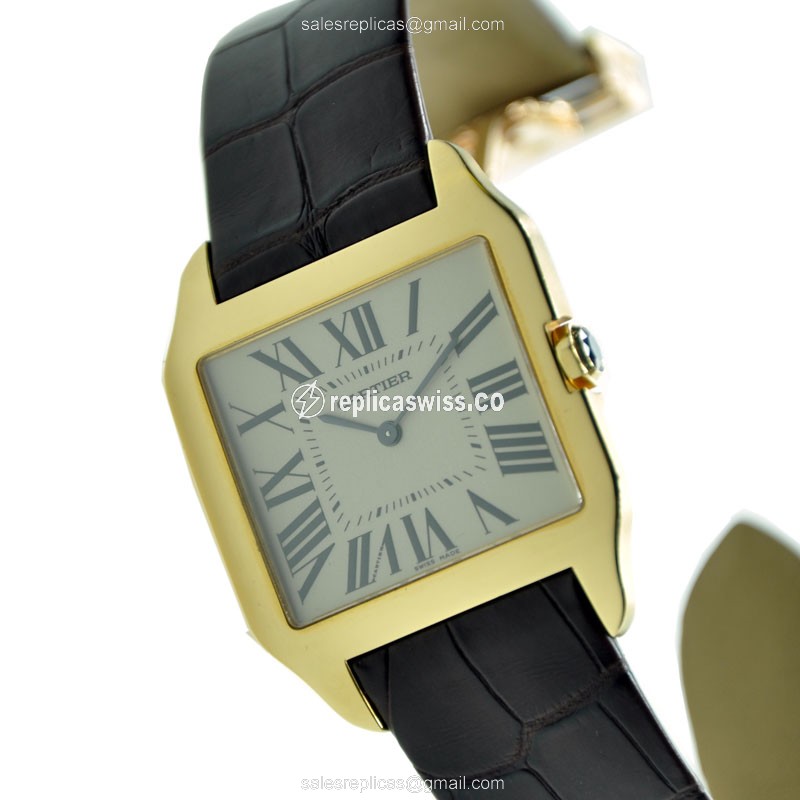 Cartier Santos Replica - Automatic - 18kt Gold Case - Silver Dial - Brown Alligator Strap - View 2
