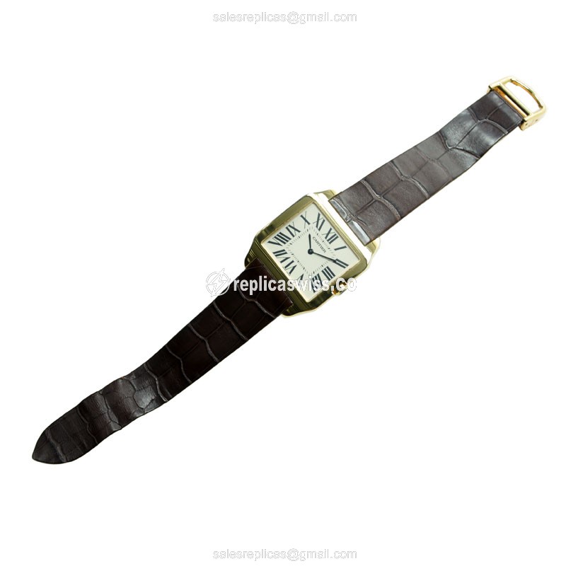 Cartier Santos Replica - Automatic - 18kt Gold Case - Silver Dial - Brown Alligator Strap - View 4