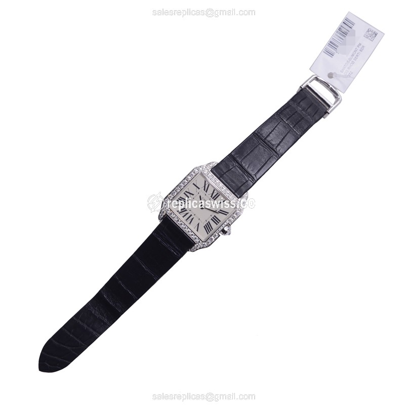 Cartier Santos Quartz Replica - 18kt White Gold - Diamond - White Dial - Alligator Black - View 2