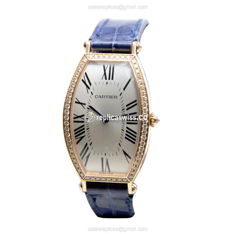 Cartier Tortue Replica - Automatic - 18kt Rose Gold - Diamond - White Dial - Blue Alligator Strap - View 2