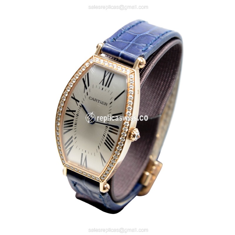 Cartier Tortue Replica - Automatic - 18kt Rose Gold - Diamond - White Dial - Blue Alligator Strap - View 3