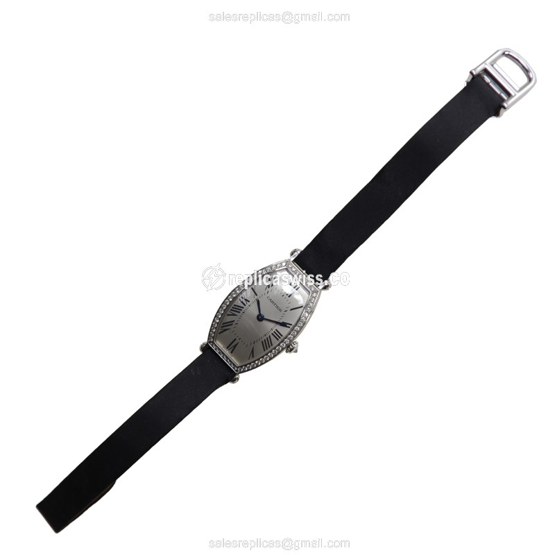 Cartier WE400131 Replica - Manual Wind - 18kt White Gold - Diamond Set - Silver Dial - Black Satin Strap - View 2
