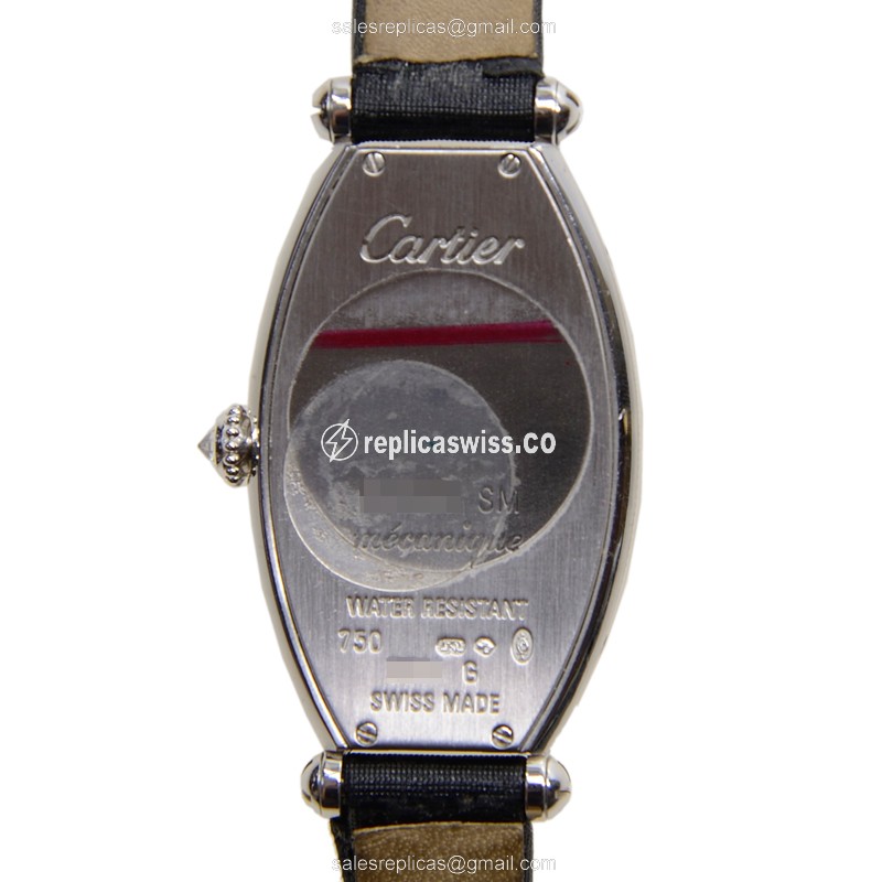 Cartier WE400131 Replica - Manual Wind - 18kt White Gold - Diamond Set - Silver Dial - Black Satin Strap - View 3