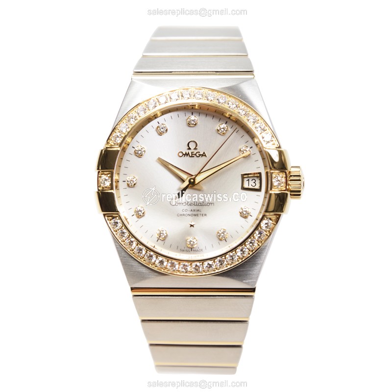 Omega Constellation Replica - Automatic - 18kt Gold & Diamond - Silver Dial - Steel Clasp - View 2