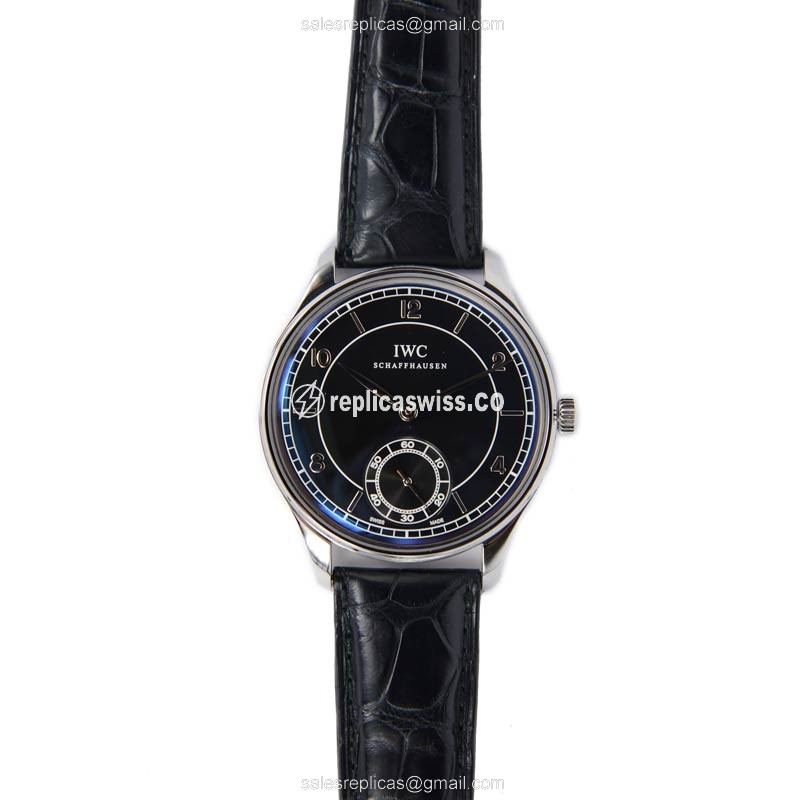 IWC Portuguese Replica - Manual Wind - Black Dial - Stainless Steel Case - Black Alligator Strap - Sapphire Crystal - View 2