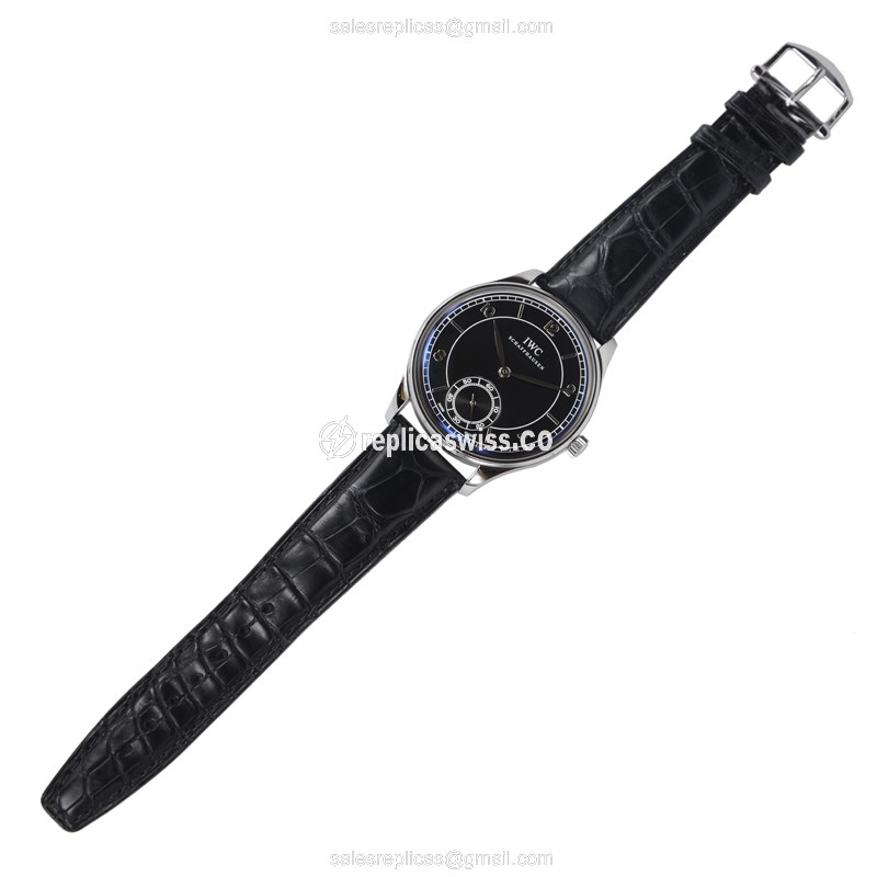 IWC Portuguese Replica - Manual Wind - Black Dial - Stainless Steel Case - Black Alligator Strap - Sapphire Crystal - View 3