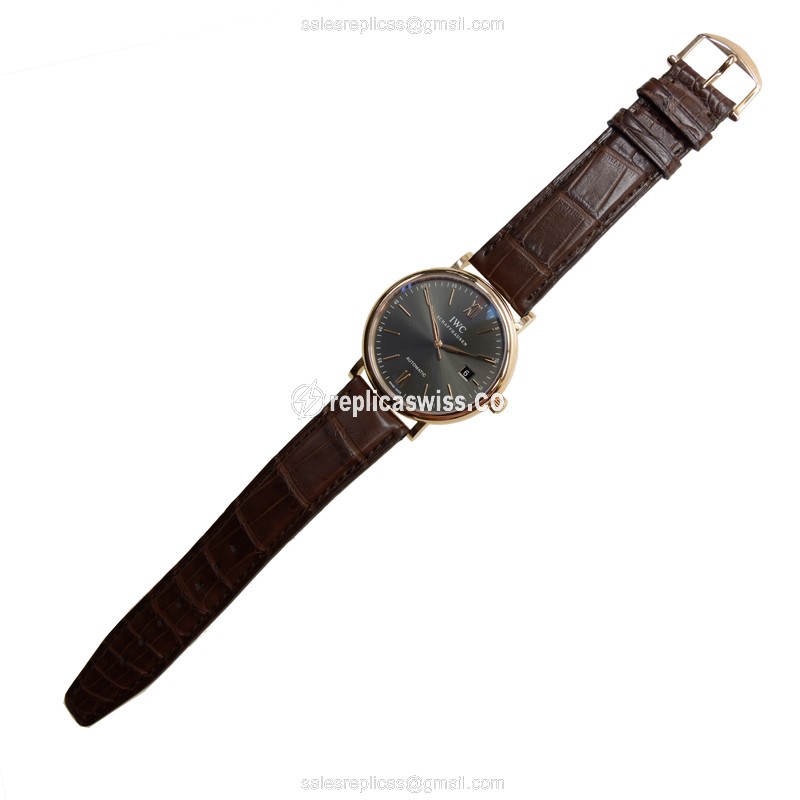 IWC Portofino Replica - Automatic 18kt Rose Gold - Dark Grey Dial - Brown Alligator Strap - View 2