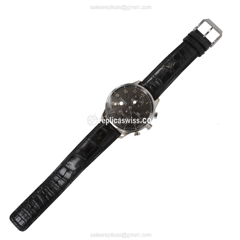 IWC Portuguese Replica - Manual Wind - 18kt White Gold - Black Dial - Alligator Black Strap - View 2