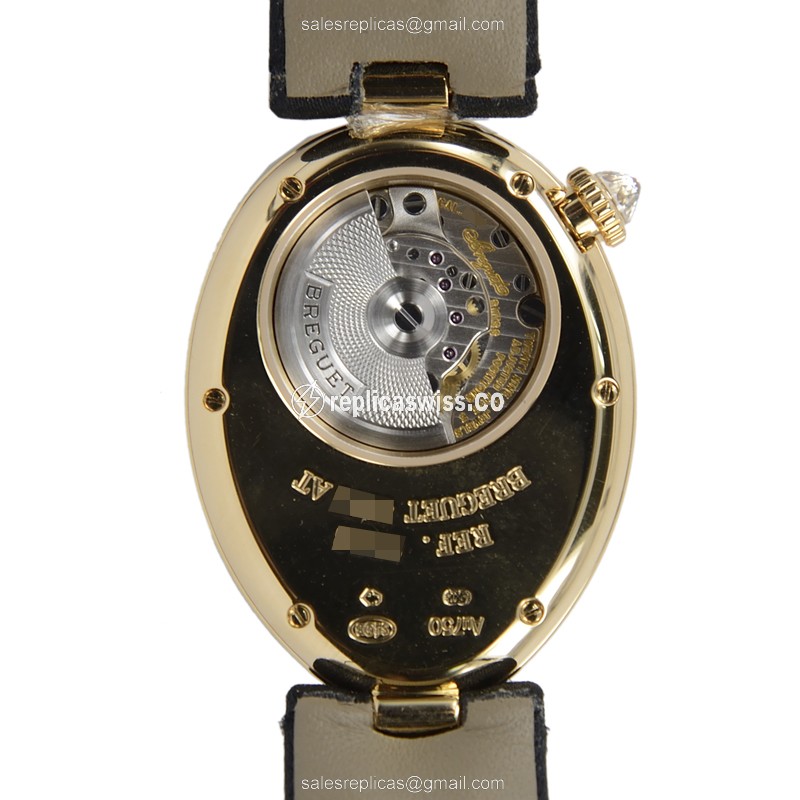 Breguet REINE DE NAPLES Replica - Automatic - 18kt Gold - Diamond - White Dial - Black Satin Strap - View 3